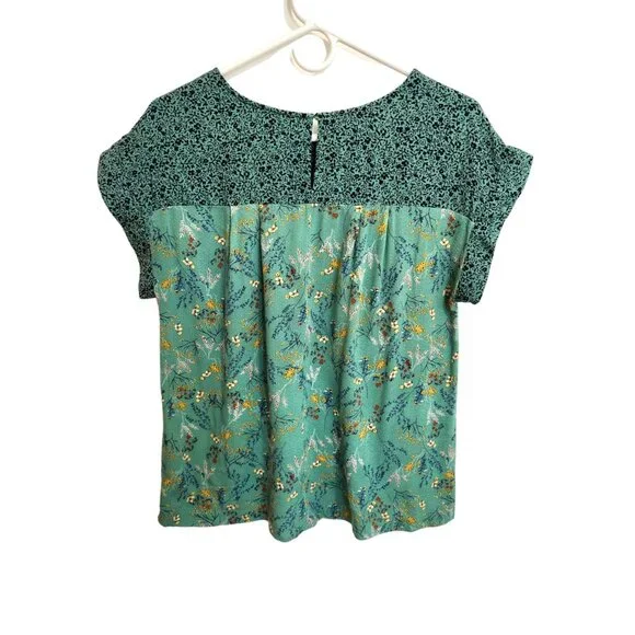 DR2 Green with Navy & Yellow Print Short Sleeved Pullover Blouse Size M - Picture 4 of 12